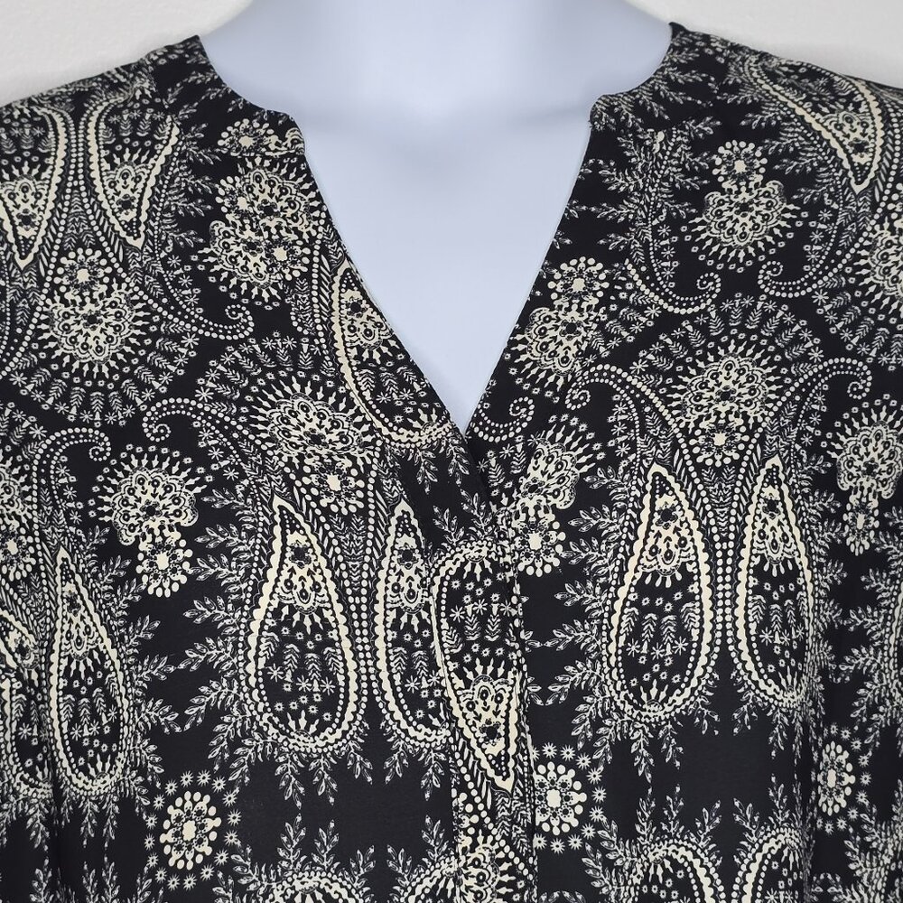Rose + Olive Womens Top Shirt Large Blouse Paisley Black Cream Boho Long Sleeves - Picture 2 of 9